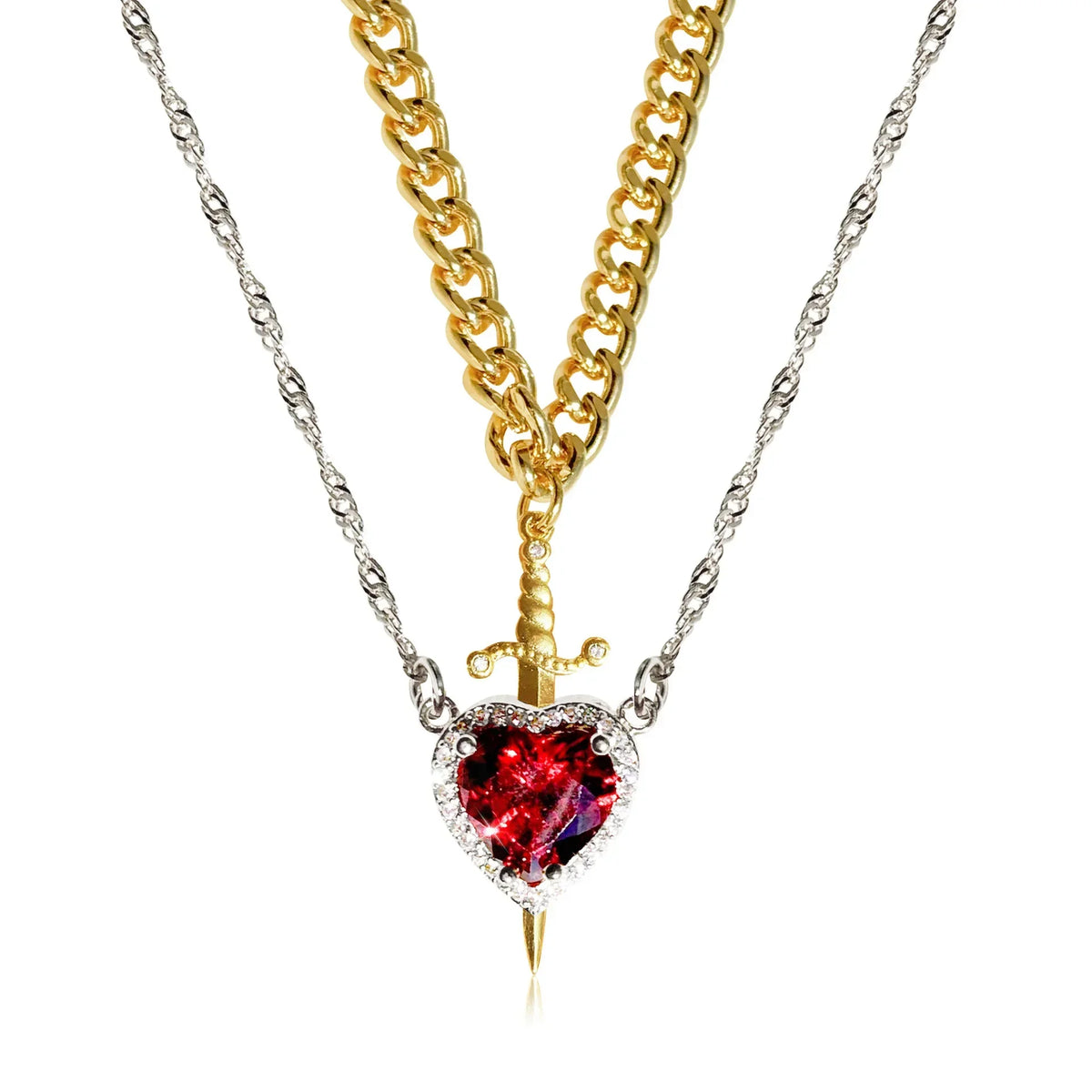 Interlocking Heart & Sword Necklace Set