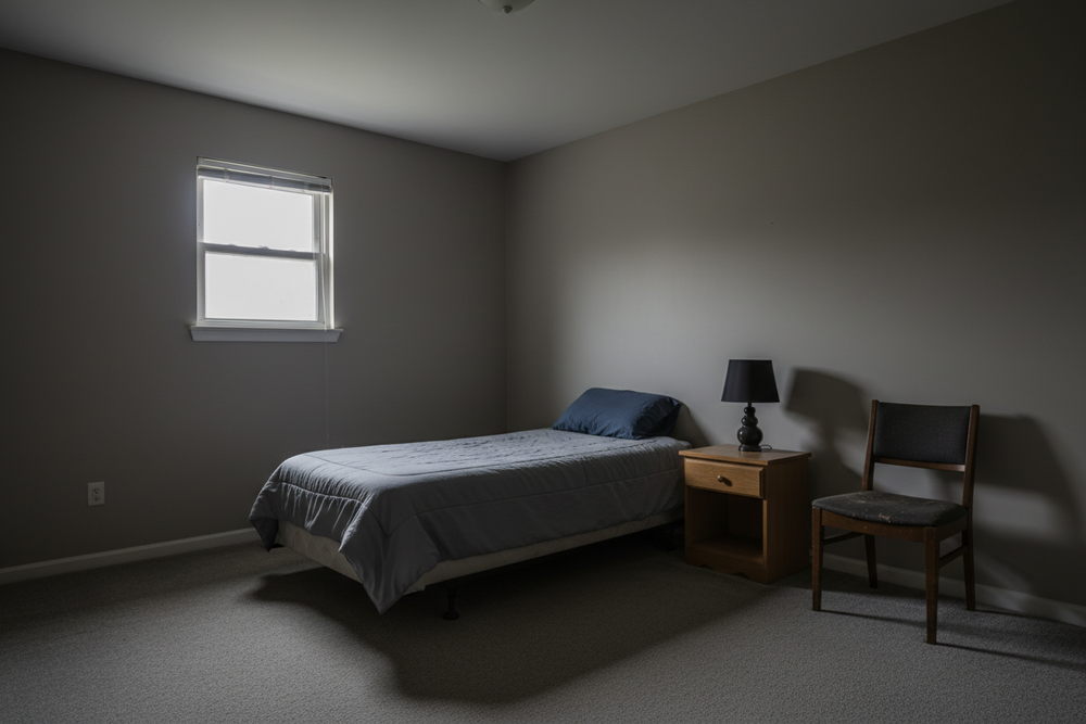 A plain, dark bedroom with dull lighting, no atmosphere, minimal decoration. The room feels boring and lifeless.”